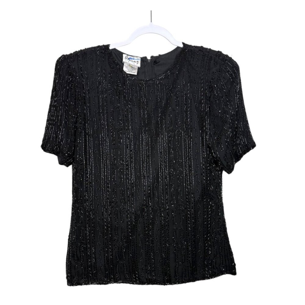 Vintage Stenay Beaded Short Sleeve Blouse Women M Lined Classic 100%‎ Silk